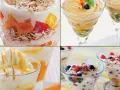 Deliciosos postres en vasitos: yogur con frutas y granola, cremosos con caramelo, y con frutos rojos.