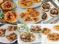 Variedad de mini pizzas caseras: con gambas, queso, tomate, jamón y espárragos. ¡Un festín de mini pizzas!