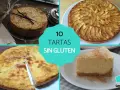 Cuatro deliciosas tartas sin gluten: una cubierta de semillas, otra de manzana, una tarta cremosa y un trozo de tarta de calabaza.