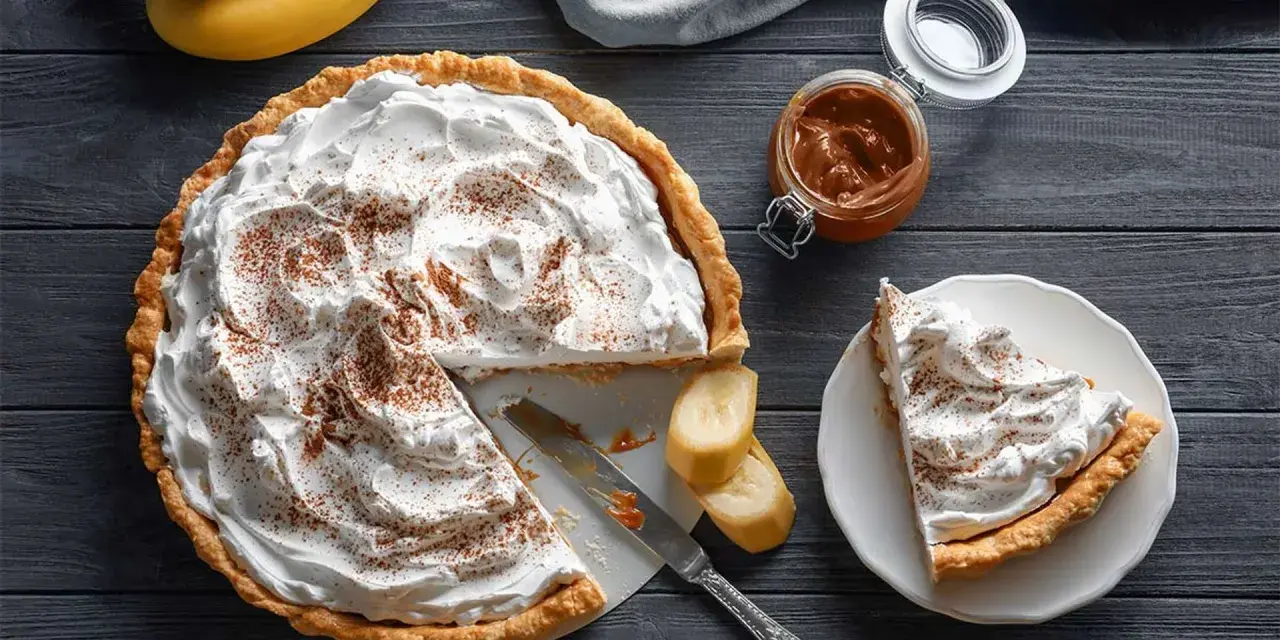 Deliciosa banoffee tarta con abundante nata, espolvoreada con canela. Un trozo ya servido y plátanos frescos acompañan.
