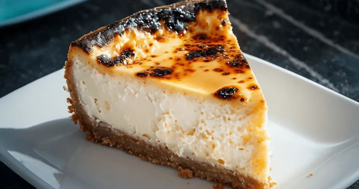 Rebanada de tarta de queso con base crujiente y cobertura dorada caramelizada. ¡Un delicioso custard cake!