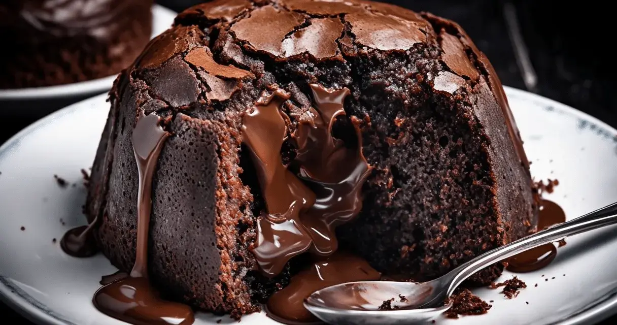Un delicioso souffle de chocolate con centro líquido, chorreando sobre un plato blanco con una cuchara.