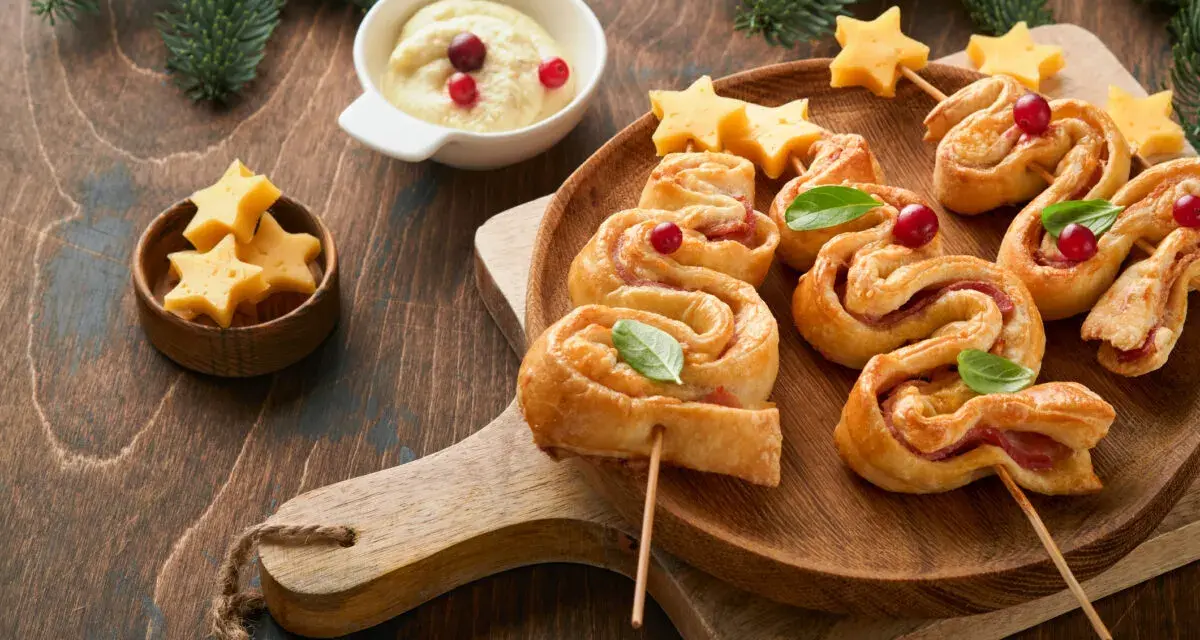 Delicioso árbol de navidad hojaldre con queso en forma de estrella y arándanos.