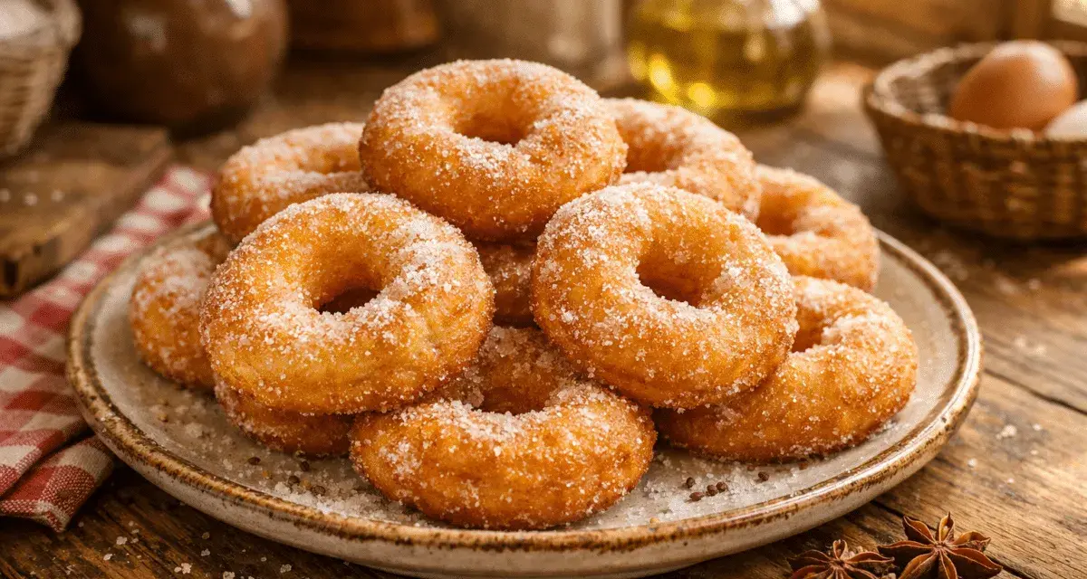 Rosquillas de anís recién hechas, cubiertas de azúcar, apiladas en un plato rústico sobre una mesa de madera.