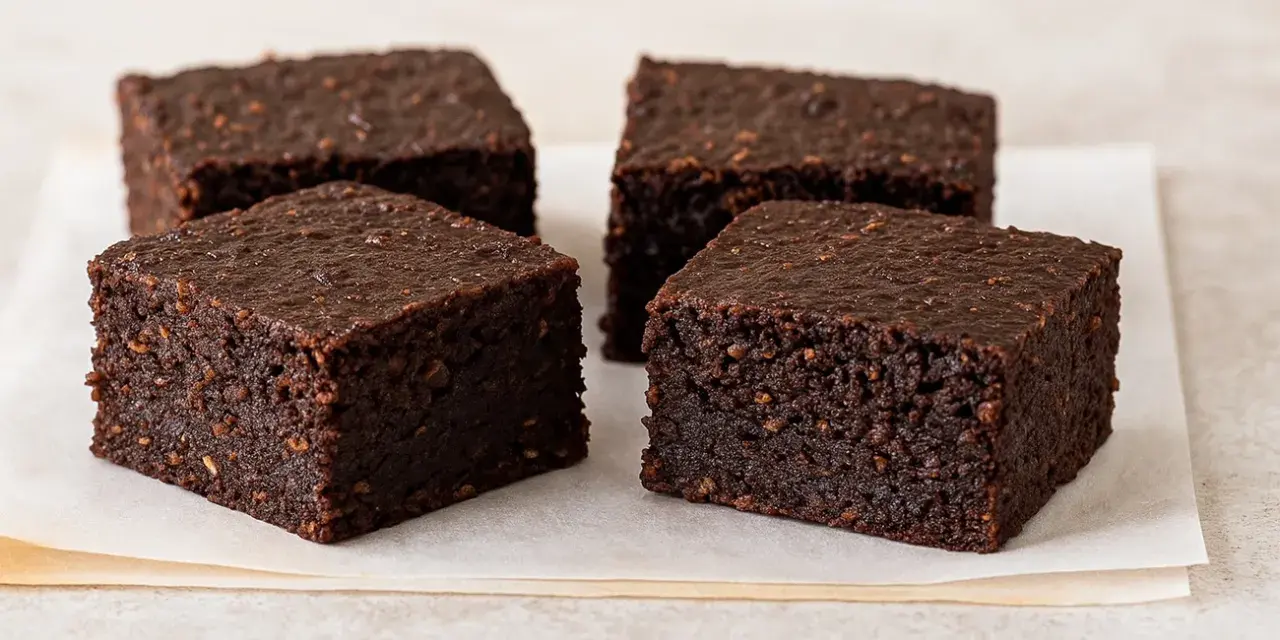 Cuatro deliciosos brownie avena y cacao, con textura rústica y color intenso, servidos sobre papel de horno.