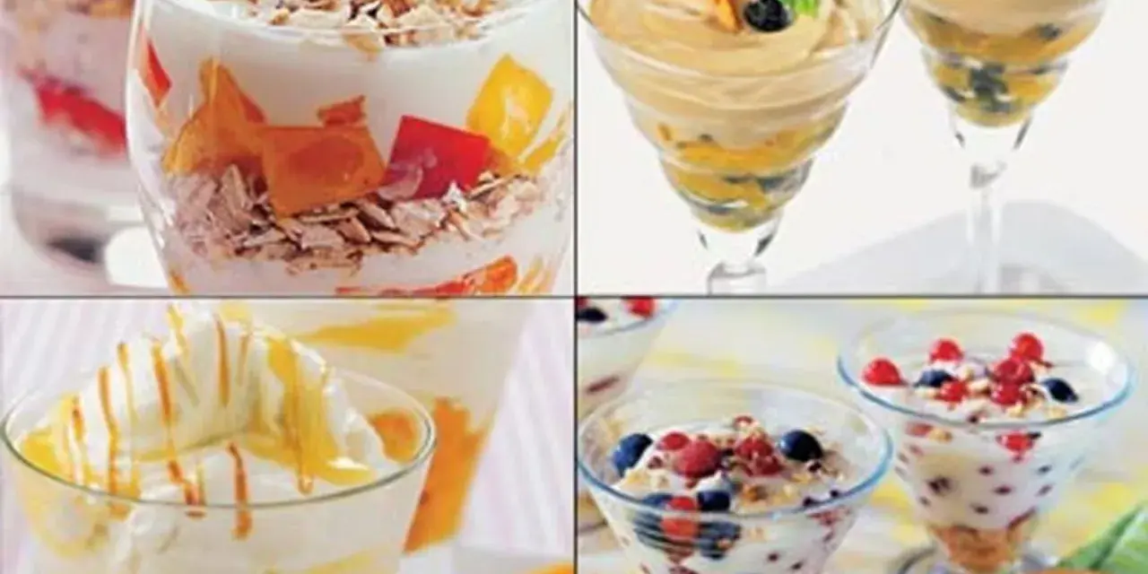 Deliciosos postres en vasitos: yogur con frutas y granola, cremosos con caramelo, y con frutos rojos.