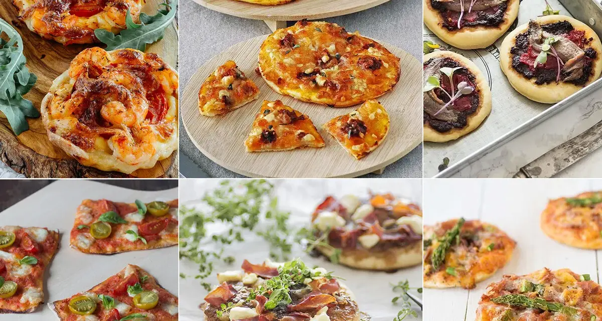 Variedad de mini pizzas caseras: con gambas, queso, tomate, jamón y espárragos. ¡Un festín de mini pizzas!
