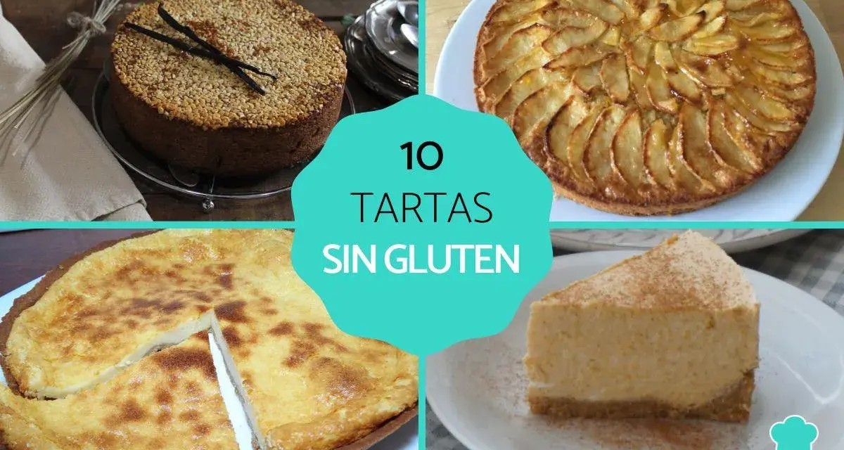 Cuatro deliciosas tartas sin gluten: una cubierta de semillas, otra de manzana, una tarta cremosa y un trozo de tarta de calabaza.