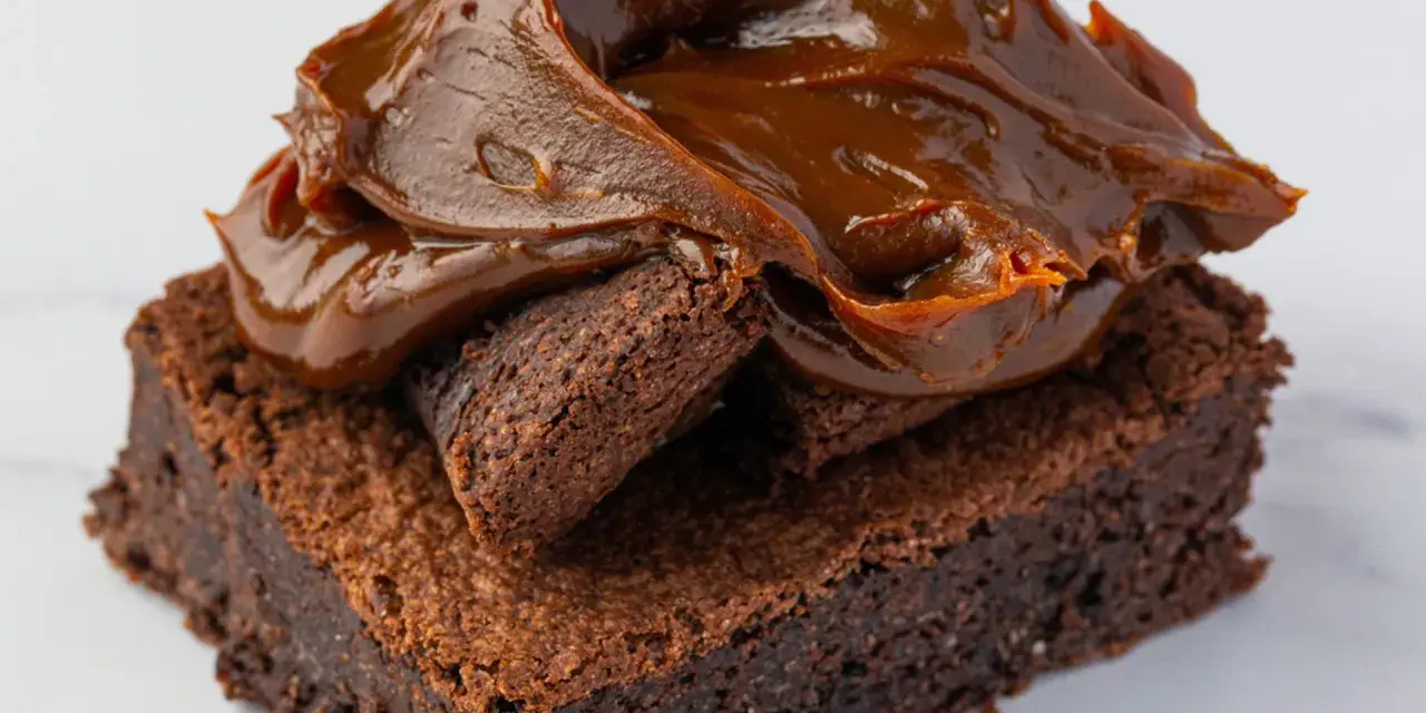 Delicioso brownie sin gluten cubierto con dulce de leche cremoso.