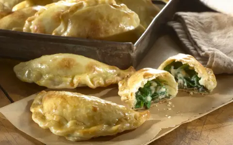 Empanadillas de espinacas y queso recién horneadas, doradas y crujientes, con un relleno cremoso y sabroso.