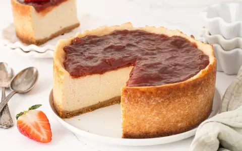 Tarta de queso vegana con cobertura de fresa, cremosa y deliciosa. Una porción ya cortada muestra su interior.