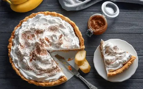 Deliciosa banoffee tarta con abundante nata, espolvoreada con canela. Un trozo ya servido y plátanos frescos acompañan.