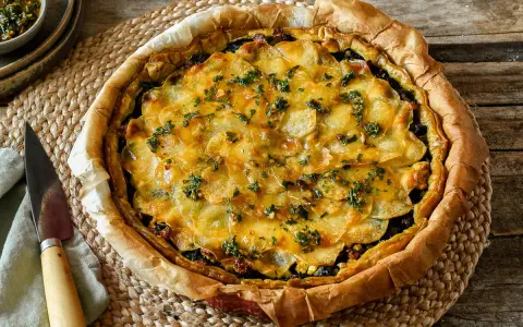 Delicioso quiche de espinacas con patatas laminadas y hierbas frescas, listo para servir.