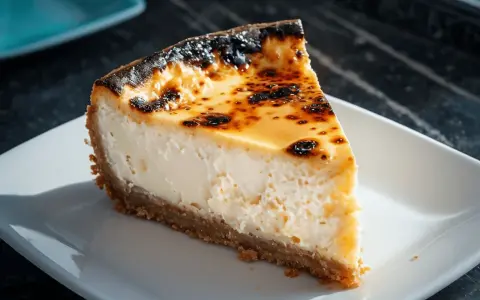 Rebanada de tarta de queso con base crujiente y cobertura dorada caramelizada. ¡Un delicioso custard cake!