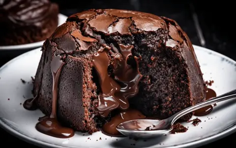 Un delicioso souffle de chocolate con centro líquido, chorreando sobre un plato blanco con una cuchara.