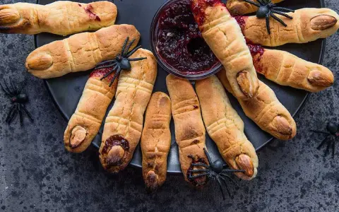 Galletas con forma de dedos, decoradas con almendras como uñas y mermelada roja simulando sangre. Un espeluznante postre de Halloween.