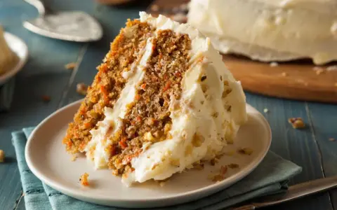 Rebanada de tarta de zanahoria casera con glaseado cremoso y nueces. ¡Una delicia para tu próxima receta!
