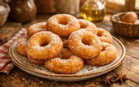 Rosquillas de anís recién hechas, cubiertas de azúcar, apiladas en un plato rústico sobre una mesa de madera.