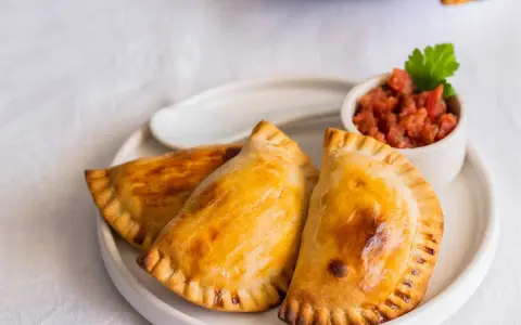 Tres empanadillas rellenas doradas y crujientes, servidas con una pequeña taza de salsa de tomate y una hoja de perejil.