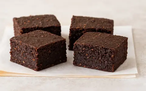 Cuatro deliciosos brownie avena y cacao, con textura rústica y color intenso, servidos sobre papel de horno.