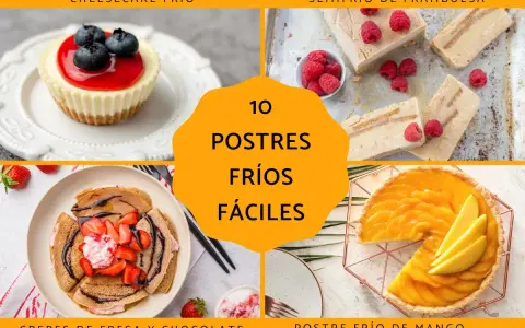 Postres fríos fáciles: cheesecake de arándanos, semifrío de frambuesa, crepes de fresa y chocolate, y tarta de mango. ¡Delicias con pocos ingredientes!