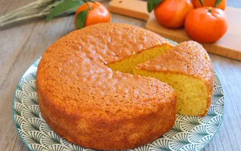 Bizcocho de mandarina y yogur, esponjoso y dorado, con una porción cortada. Mandarinas frescas al fondo.
