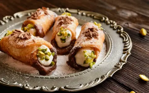 Cuatro cannoli siciliano, crujientes y rellenos de crema dulce, espolvoreados con pistachos y virutas de chocolate.