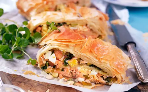 Delicioso salmón con hojaldre y puerros, un plato crujiente y lleno de sabor.