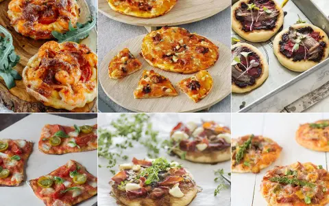 Variedad de mini pizzas caseras: con gambas, queso, tomate, jamón y espárragos. ¡Un festín de mini pizzas!