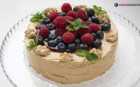 Deliciosa tarta de moka cubierta con frutos rojos frescos, chocolate y hojas de menta. ¡Un postre irresistible!