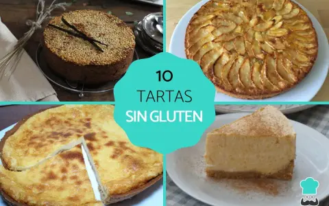 Cuatro deliciosas tartas sin gluten: una cubierta de semillas, otra de manzana, una tarta cremosa y un trozo de tarta de calabaza.