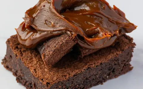 Delicioso brownie sin gluten cubierto con dulce de leche cremoso.