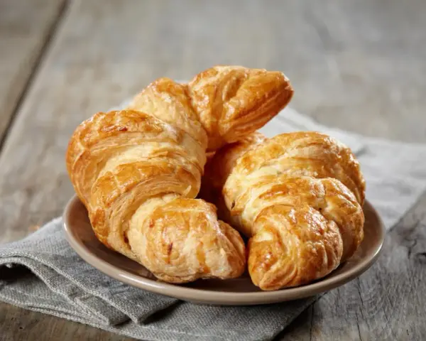 Croissants dorados y hojaldrados, perfectos para tu receta de croissant mantequilla. Un placer crujiente.