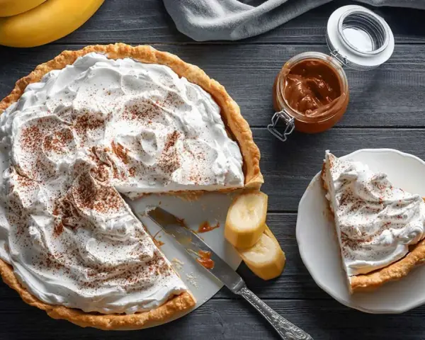 Deliciosa banoffee tarta con abundante nata, espolvoreada con canela. Un trozo ya servido y plátanos frescos acompañan.
