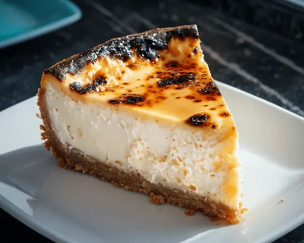 Rebanada de tarta de queso con base crujiente y cobertura dorada caramelizada. ¡Un delicioso custard cake!