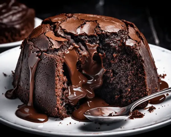 Un delicioso souffle de chocolate con centro líquido, chorreando sobre un plato blanco con una cuchara.