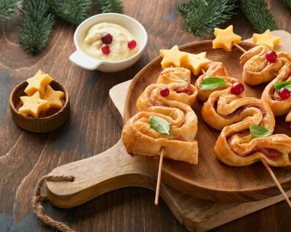 Delicioso árbol de navidad hojaldre con queso en forma de estrella y arándanos.