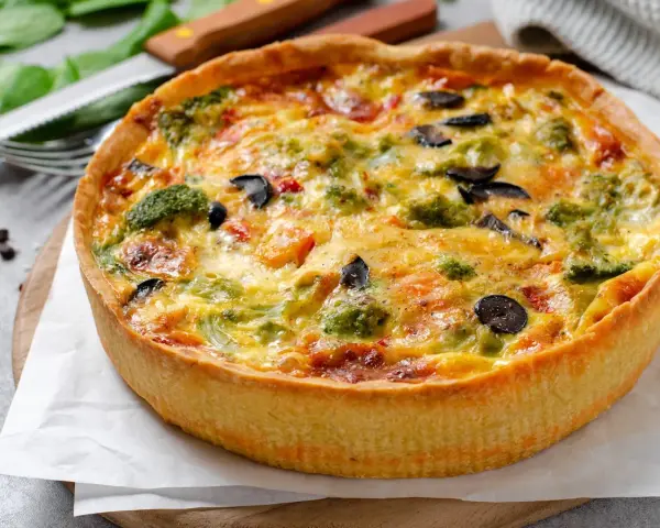 Quiche de pollo con brócoli y aceitunas, horneado a la perfección. Un plato delicioso y nutritivo.