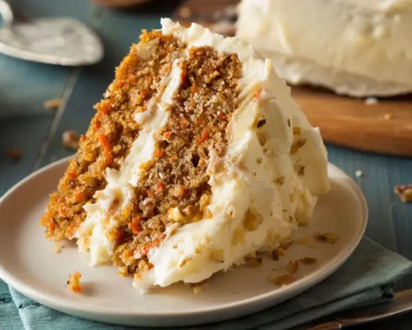 Rebanada de tarta de zanahoria casera con glaseado cremoso y nueces. ¡Una delicia para tu próxima receta!