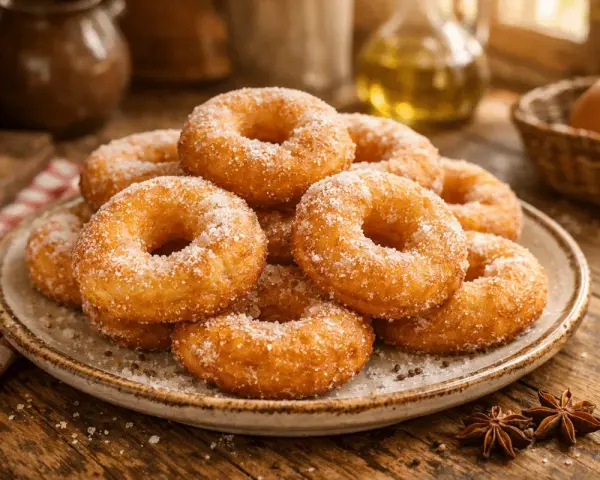 Rosquillas de anís recién hechas, cubiertas de azúcar, apiladas en un plato rústico sobre una mesa de madera.