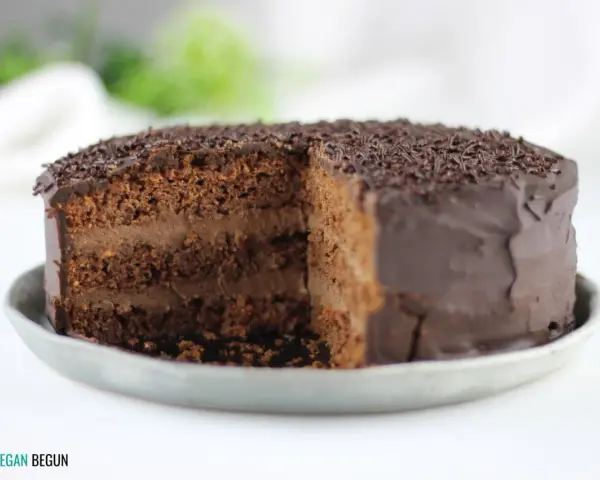 Tarta vegana de chocolate con cobertura brillante y virutas de chocolate. ¡Una delicia para los amantes del cacao!