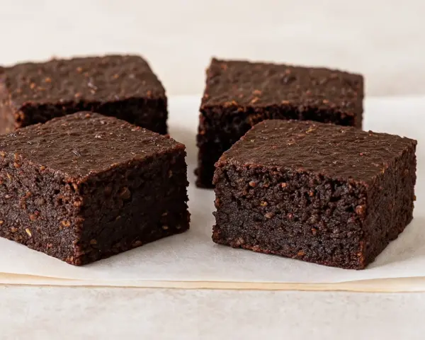 Cuatro deliciosos brownie avena y cacao, con textura rústica y color intenso, servidos sobre papel de horno.