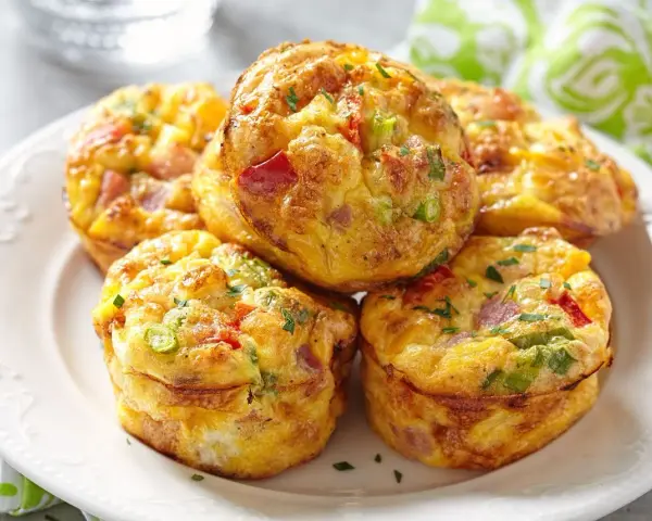 Montón de muffins saludables con huevo, pimiento rojo, cebolleta y jamón, espolvoreados con perejil.