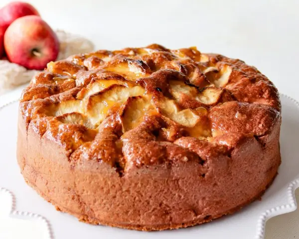 Bizcocho de manzana esponjoso, dorado y brillante, con trozos de manzana caramelizada en la superficie. ¡Perfecto para tu próxima receta!