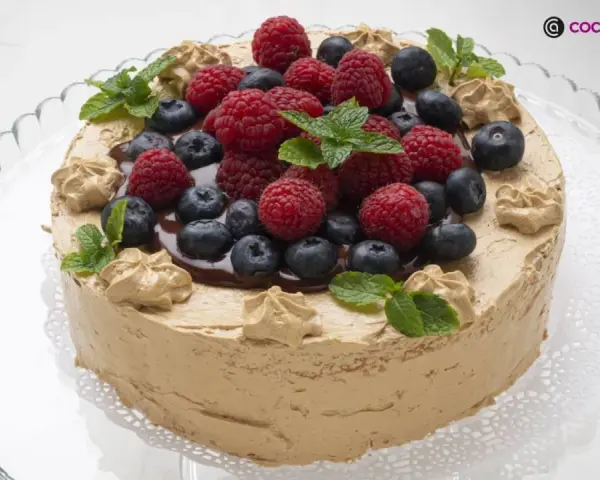 Deliciosa tarta de moka cubierta con frutos rojos frescos, chocolate y hojas de menta. ¡Un postre irresistible!