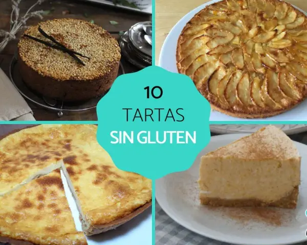 Cuatro deliciosas tartas sin gluten: una cubierta de semillas, otra de manzana, una tarta cremosa y un trozo de tarta de calabaza.