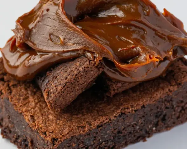 Delicioso brownie sin gluten cubierto con dulce de leche cremoso.