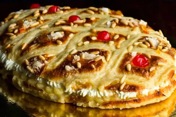 Deliciosa coca de Sant Joan rellena de crema, decorada con piñones, cerezas rojas y azúcar.