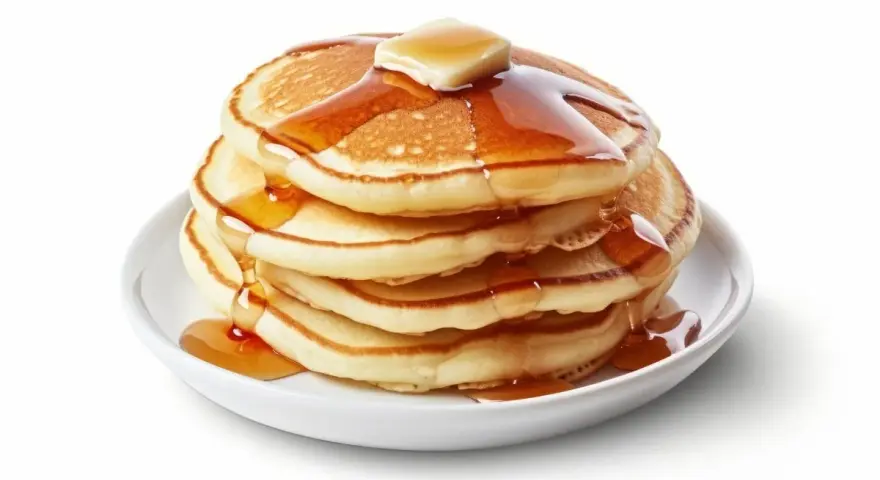 Pila de pancakes dorados con mantequilla y sirope cayendo. ¡Perfectos para tu receta de pancakes!