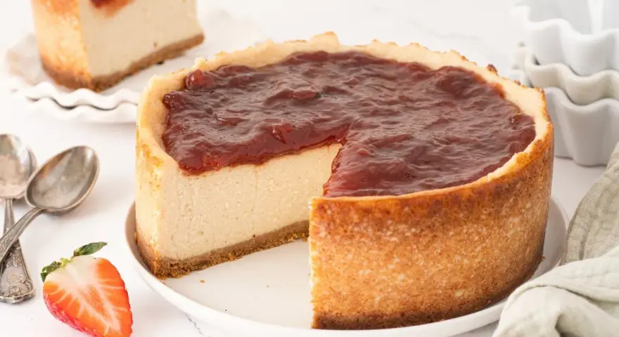 Tarta de queso vegana con cobertura de fresa, cremosa y deliciosa. Una porción ya cortada muestra su interior.
